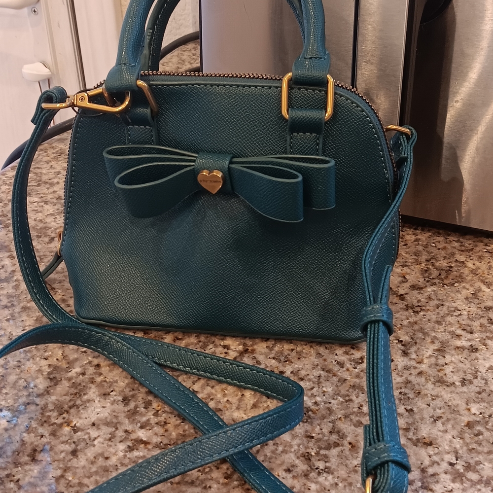 Betsey Johnson 2 Piece Teal Mini Bag with Bow Crossbody And Floral Card Case